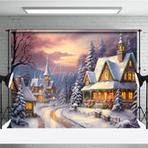Aperturee - Aperturee Cozy Christmas Village Photography Backdrop Painterly Snow Scene at Sunset Holiday Cottage Photo Background